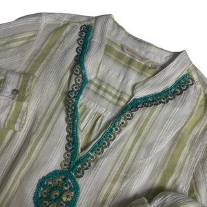 Soft‎ Surroundings Medium Green White Stripe Beaded Tunic Roll Up Sleeves - Pict